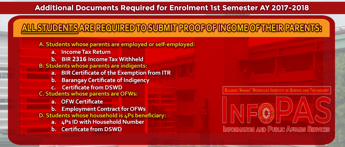 Additional Documents Required for Enrolment 1st Semester AY 2017-2018