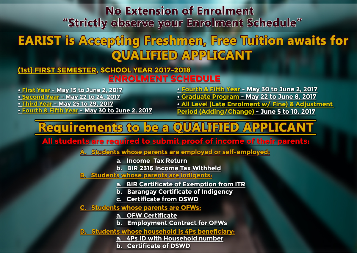 EARIST is Accepting Freshmen, Free Tuition awaits for QUALIFIED APPLICANT!